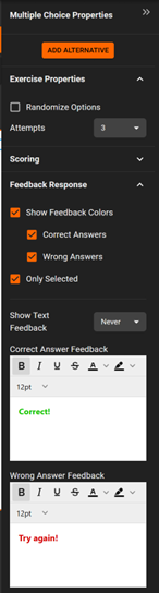 Single choice task options in the right panel menu